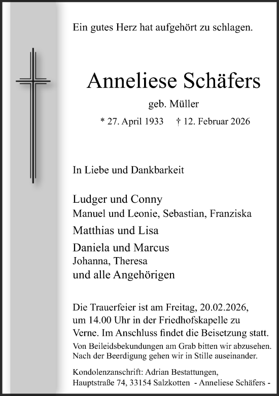 Traueranzeige von Anneliese Schäfers von Neue Westfälische und Westfalen-Blatt