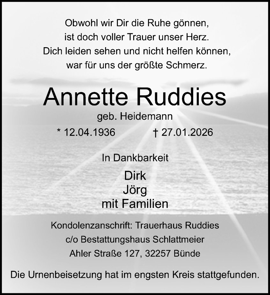  Traueranzeige für Annette Ruddies vom 11.02.2026 aus Neue Westfälische und Westfalen-Blatt
