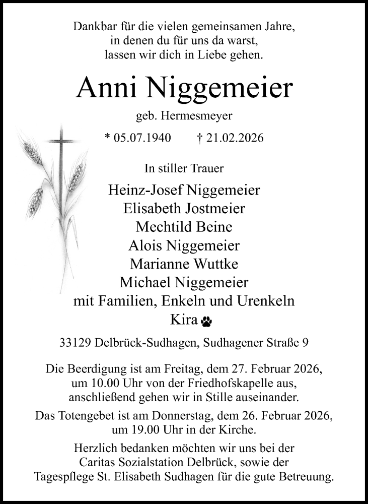  Traueranzeige für Anni Niggemeier vom 24.02.2026 aus Neue Westfälische und Westfalen-Blatt