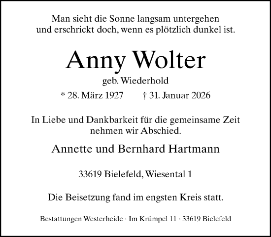 Traueranzeige von Anny Wolter von Neue Westfälische und Westfalen-Blatt