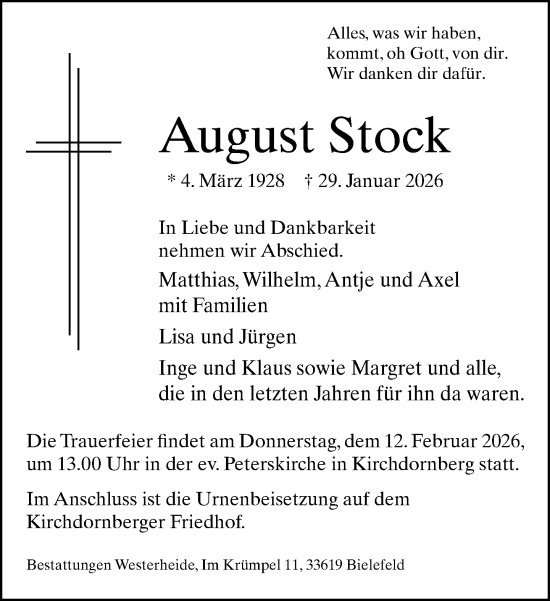 Traueranzeige von August Stock von Neue Westfälische und Westfalen-Blatt