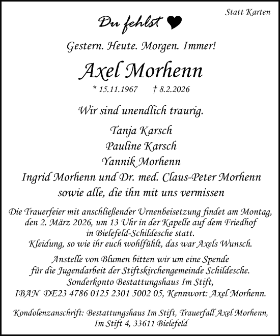 Traueranzeige von Axel Morhenn von Neue Westfälische und Westfalen-Blatt