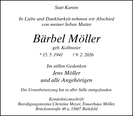 Traueranzeige von Bärbel Möller von Neue Westfälische und Westfalen-Blatt