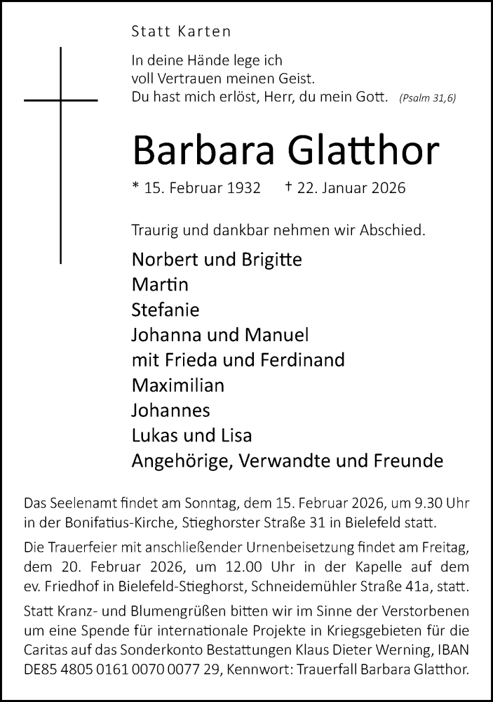  Traueranzeige für Barbara Glatthor vom 14.02.2026 aus Neue Westfälische und Westfalen-Blatt
