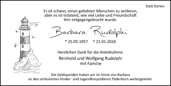 Traueranzeige von Barbara Rudolphi von Neue Westfälische und Westfalen-Blatt