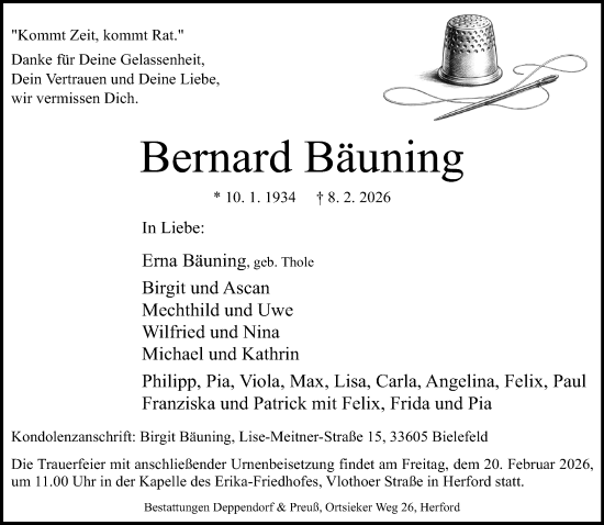 Traueranzeige von Bernard Bäuning von Neue Westfälische und Westfalen-Blatt