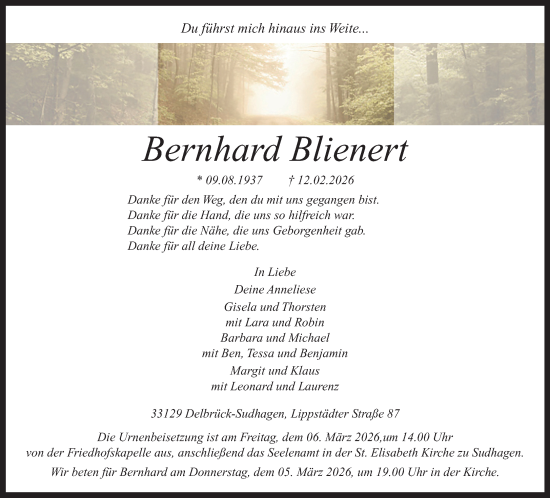 Traueranzeige von Bernhard Blienert von Neue Westfälische und Westfalen-Blatt
