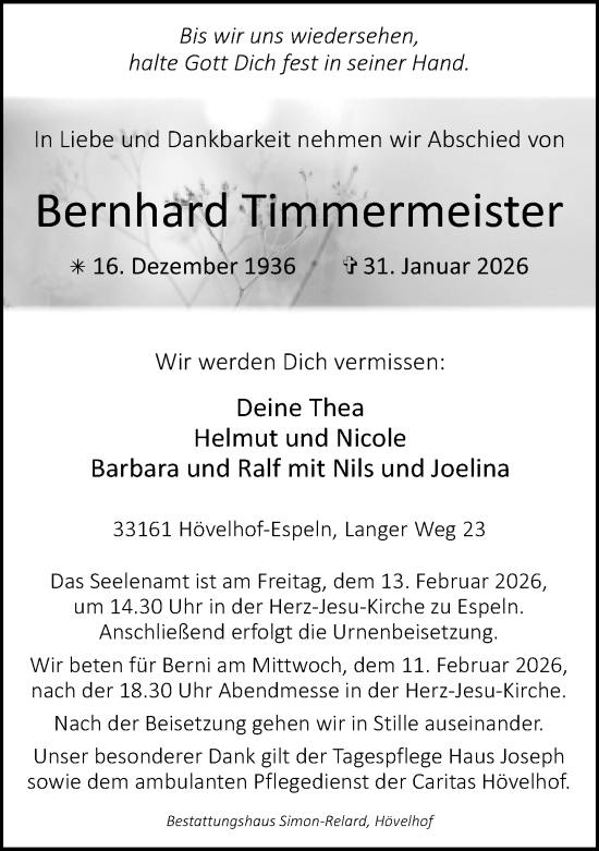 Traueranzeige von Bernhard Timmermeister von Neue Westfälische und Westfalen-Blatt