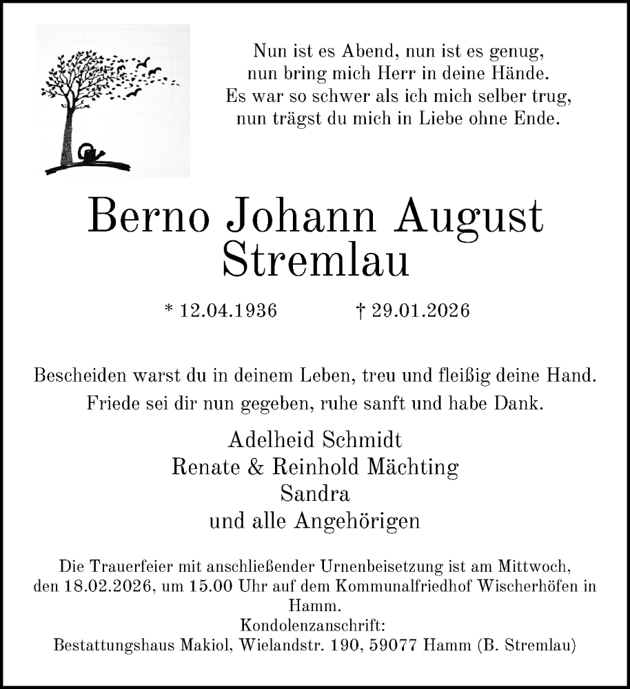  Traueranzeige für Berno Johann August Stremlau vom 14.02.2026 aus Neue Westfälische und Westfalen-Blatt