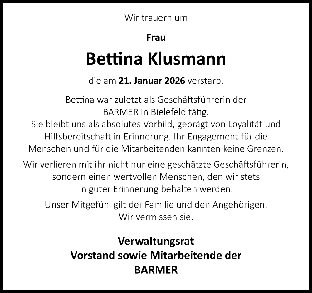  Traueranzeige für Bettina Klusmann vom 07.02.2026 aus Neue Westfälische und Westfalen-Blatt