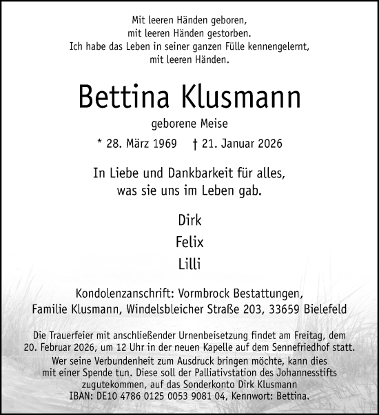 Traueranzeige von Bettina Klusmann von Neue Westfälische und Westfalen-Blatt