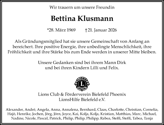 Traueranzeige von Bettina Klusmann von Neue Westfälische und Westfalen-Blatt