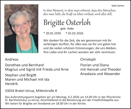 Traueranzeige von Brigitte Osterloh von Neue Westfälische und Westfalen-Blatt