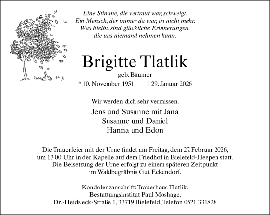 Traueranzeige von Brigitte Tlatlik von Neue Westfälische und Westfalen-Blatt