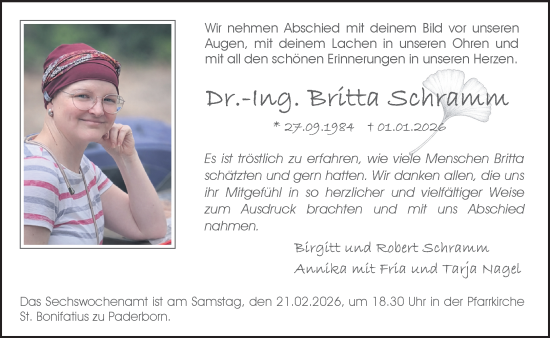 Traueranzeige von Britta Schram von Neue Westfälische und Westfalen-Blatt