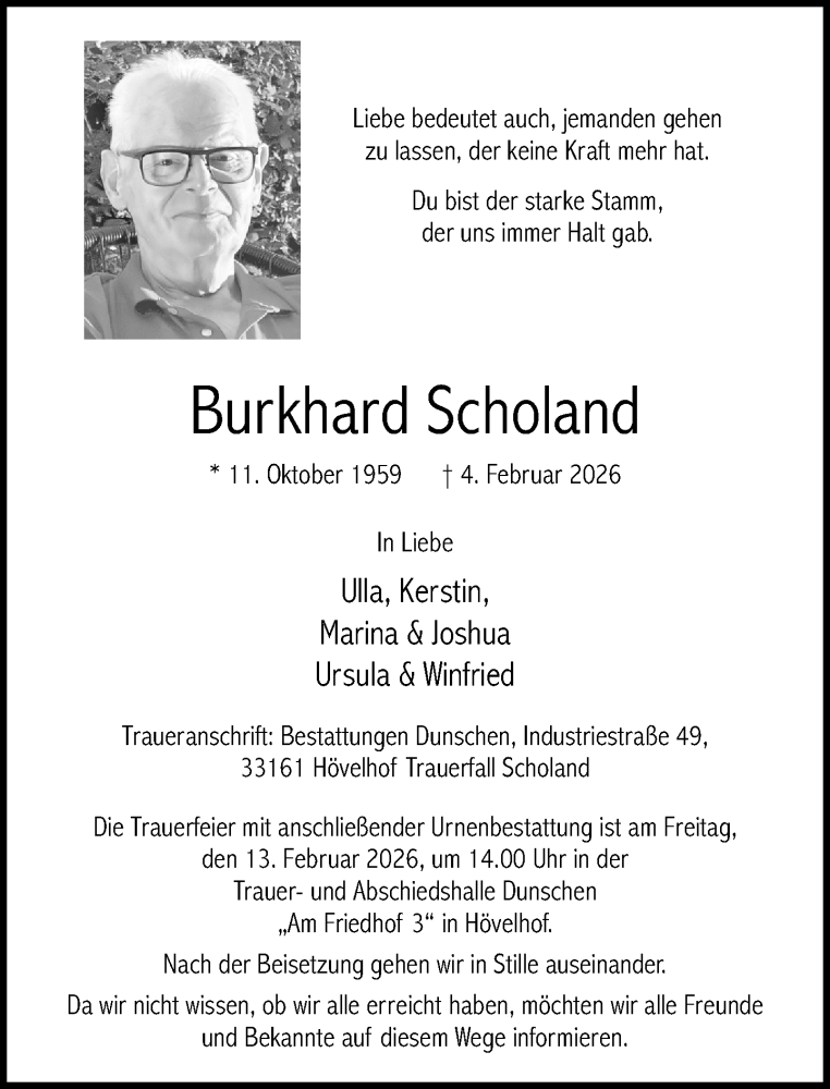  Traueranzeige für Burkhard Scholand vom 07.02.2026 aus Neue Westfälische und Westfalen-Blatt