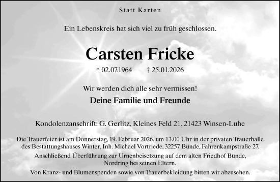 Traueranzeige von Carsten Fricke von Neue Westfälische und Westfalen-Blatt