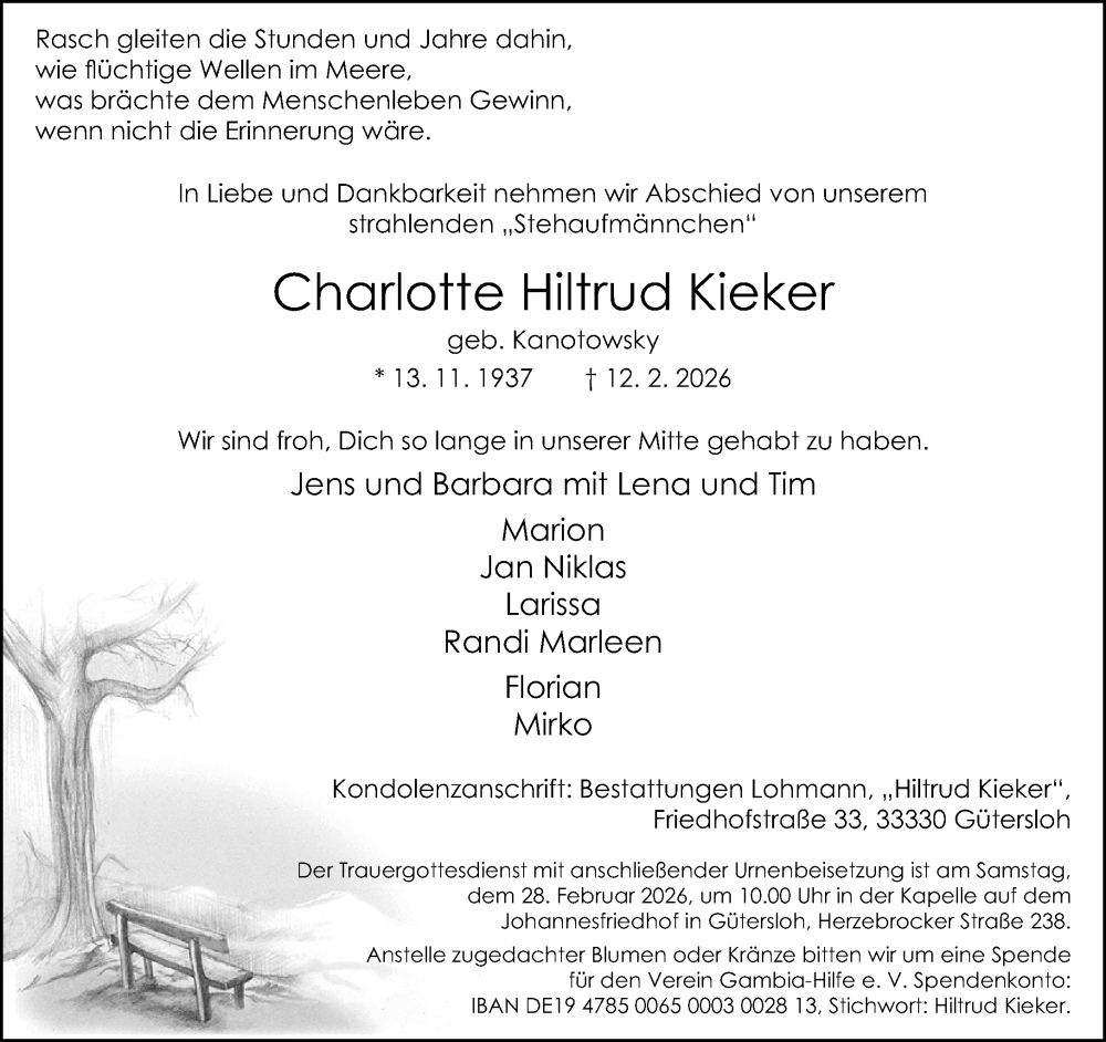  Traueranzeige für Charlotte Hiltrud Kieker vom 17.02.2026 aus Neue Westfälische und Westfalen-Blatt
