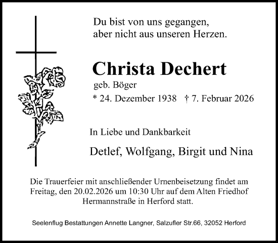 Traueranzeige von Christa Dechert von Neue Westfälische und Westfalen-Blatt
