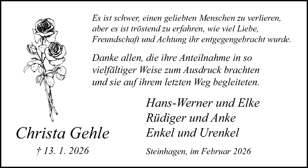  Traueranzeige für Christa Gehle vom 14.02.2026 aus Neue Westfälische und Westfalen-Blatt