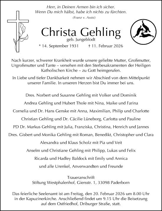 Traueranzeige von Christa Gehling von Neue Westfälische und Westfalen-Blatt