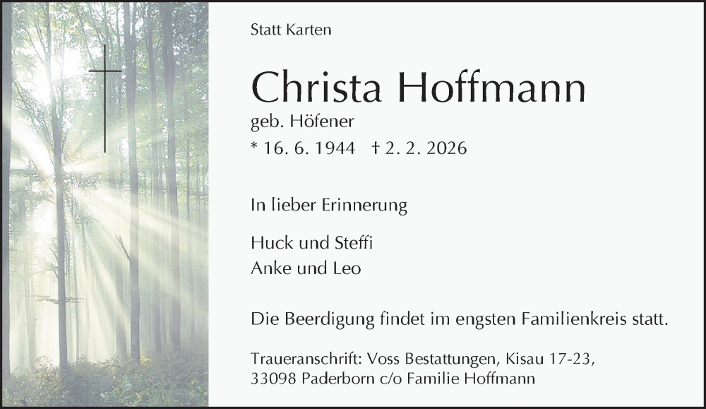  Traueranzeige für Christa Hoffmann vom 07.02.2026 aus Neue Westfälische und Westfalen-Blatt
