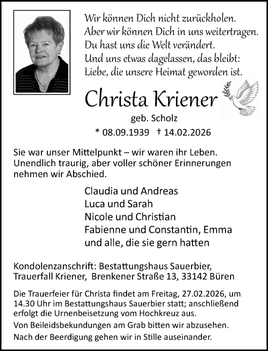 Traueranzeige von Christa Kriener von Neue Westfälische und Westfalen-Blatt