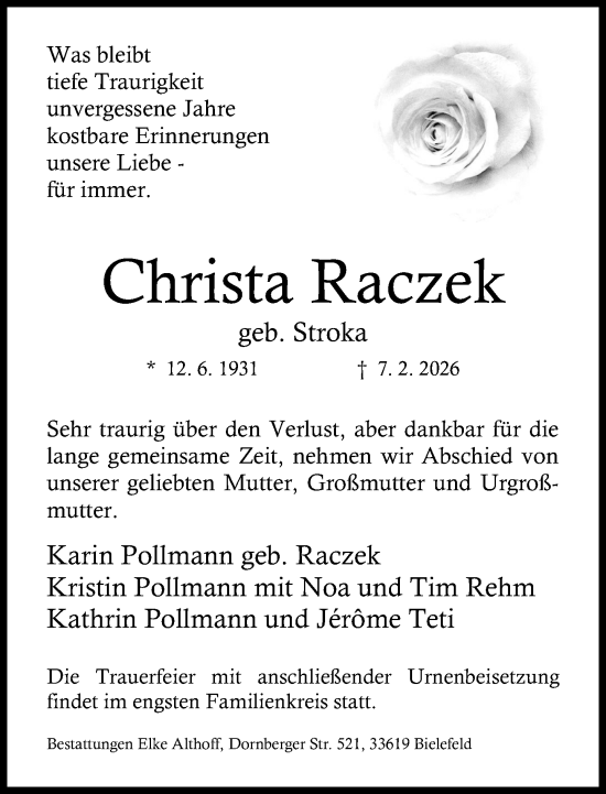 Traueranzeige von Christa Raczek von Neue Westfälische und Westfalen-Blatt