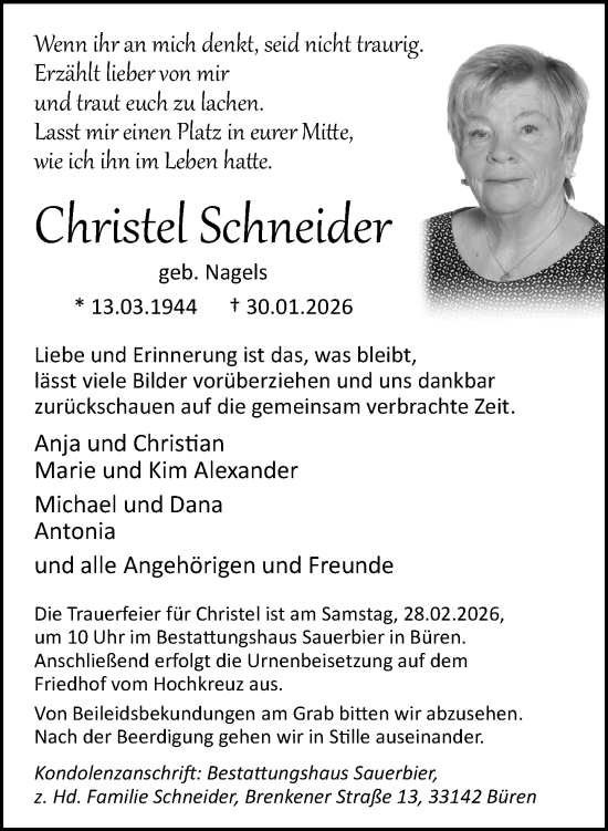 Traueranzeige von Christel Schneider von Neue Westfälische und Westfalen-Blatt