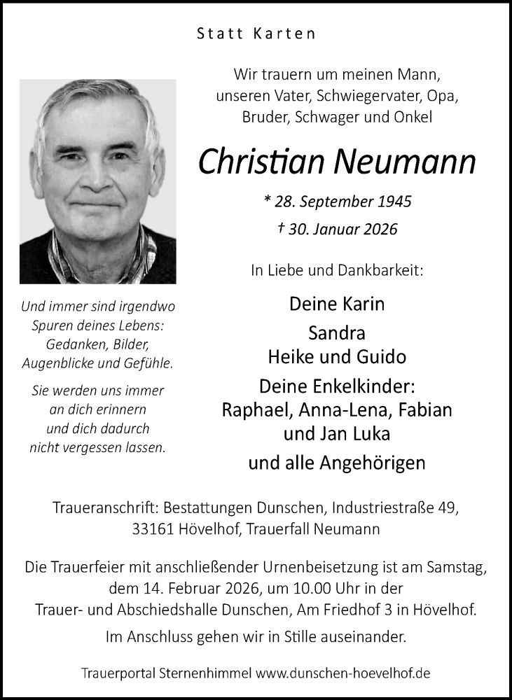  Traueranzeige für Christian Neumann vom 04.02.2026 aus Neue Westfälische und Westfalen-Blatt