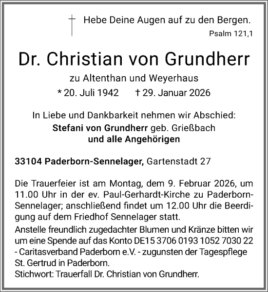 Traueranzeige von Christian von Grundherr von Neue Westfälische und Westfalen-Blatt