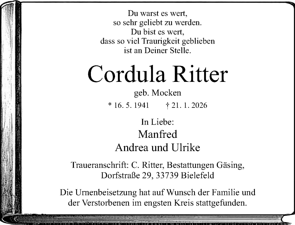  Traueranzeige für Cordula Ritter vom 07.02.2026 aus Neue Westfälische und Westfalen-Blatt