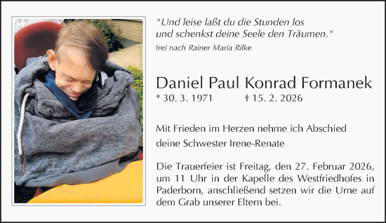 Traueranzeige von Daniel Paul Konrad Formanek von Neue Westfälische und Westfalen-Blatt