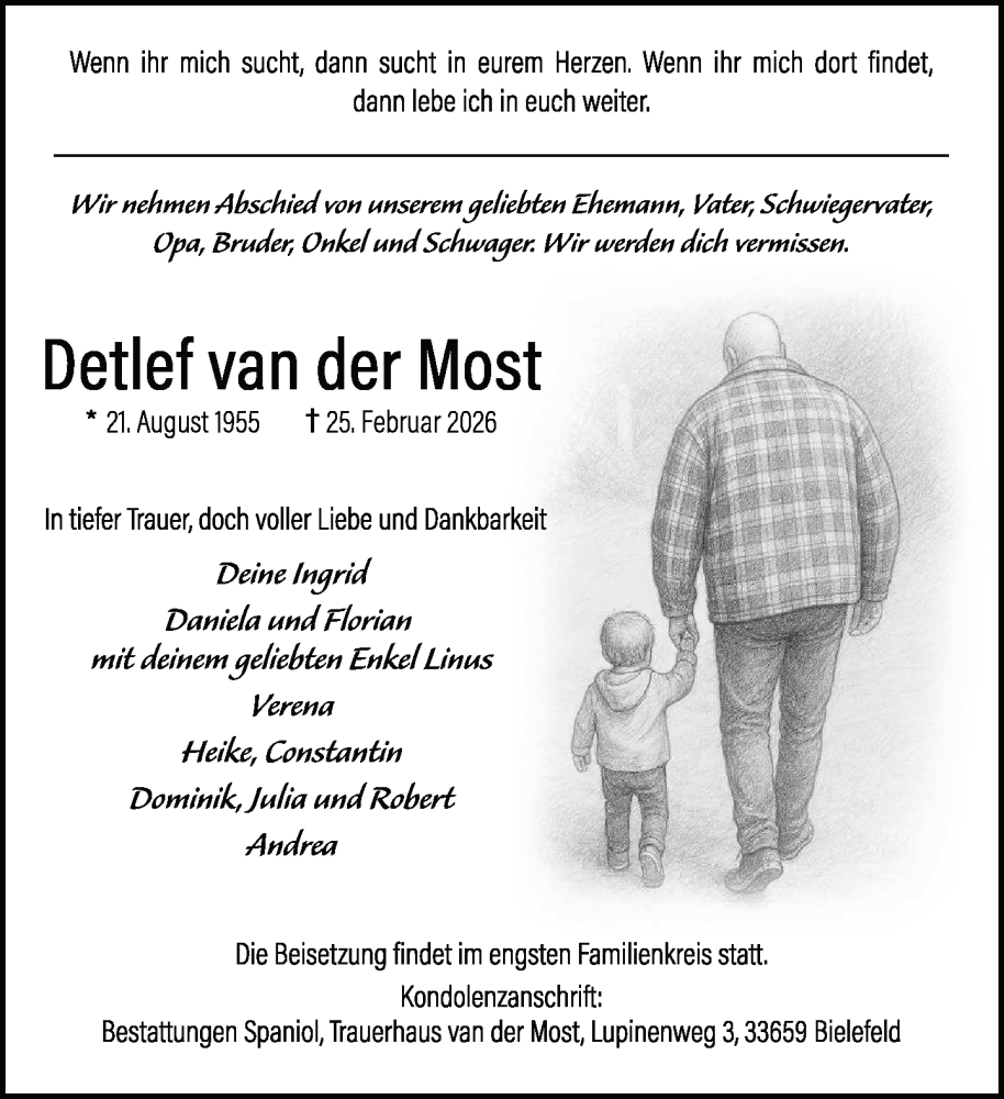  Traueranzeige für Detlef van der Most vom 28.02.2026 aus Neue Westfälische und Westfalen-Blatt
