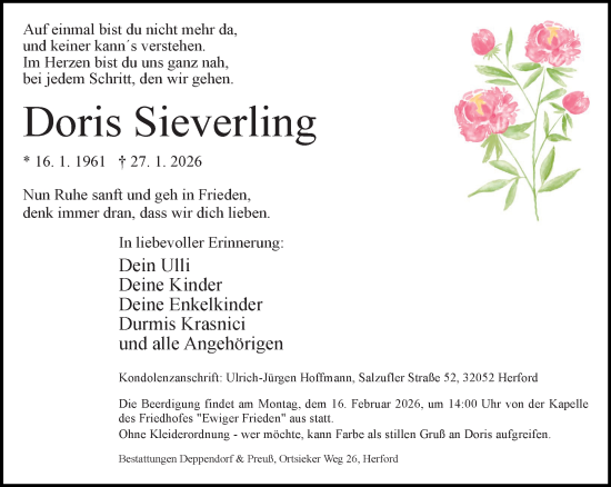 Traueranzeige von Doris Sieverling von Neue Westfälische und Westfalen-Blatt