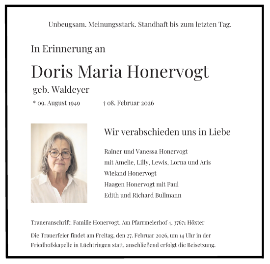 Traueranzeige von Doris Maria Honervogt von Neue Westfälische und Westfalen-Blatt
