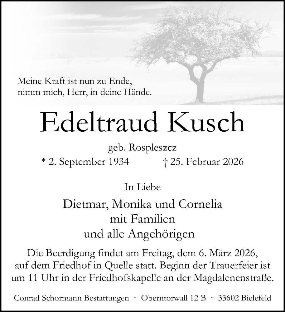  Traueranzeige für Edeltraud Kusch vom 28.02.2026 aus Neue Westfälische und Westfalen-Blatt