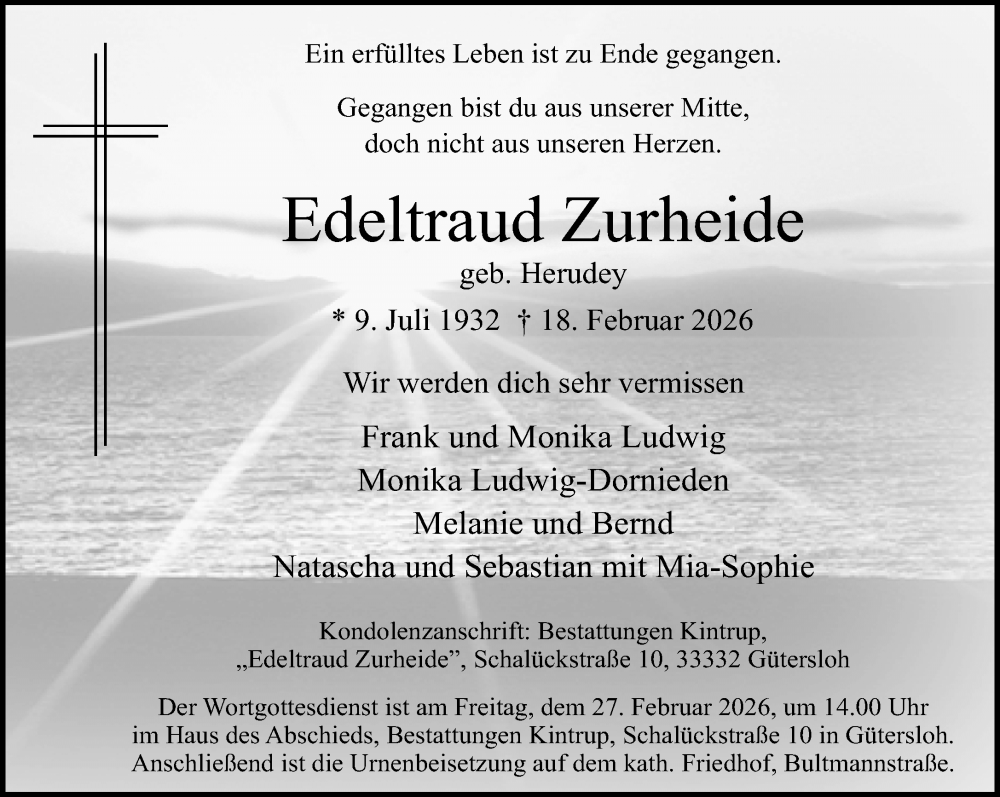  Traueranzeige für Edeltraud Zurheide vom 21.02.2026 aus Neue Westfälische und Westfalen-Blatt