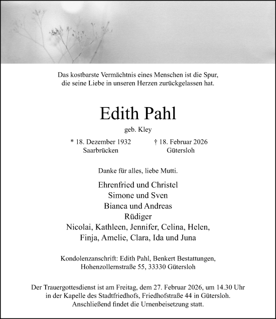 Traueranzeige von Edith Pahl von Neue Westfälische und Westfalen-Blatt