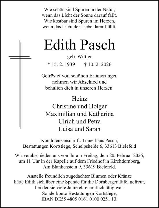 Traueranzeige von Edith Pasch von Neue Westfälische und Westfalen-Blatt