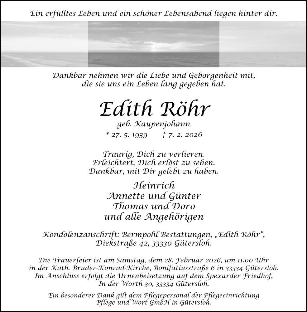  Traueranzeige für Edith Röhr vom 14.02.2026 aus Neue Westfälische und Westfalen-Blatt