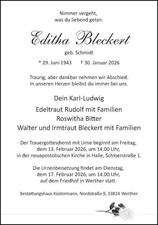 Traueranzeige von Editha Bleckert von Neue Westfälische und Westfalen-Blatt
