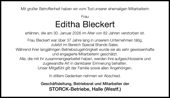 Traueranzeige von Editha Bleckert von Neue Westfälische und Westfalen-Blatt