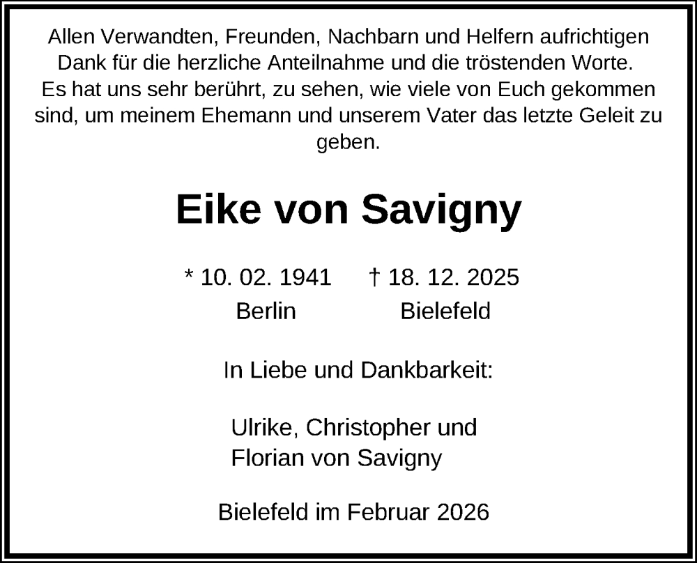  Traueranzeige für Eike von Savigny vom 13.02.2026 aus Neue Westfälische und Westfalen-Blatt