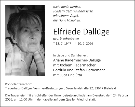 Traueranzeige von Elfriede Dallüge von Neue Westfälische und Westfalen-Blatt