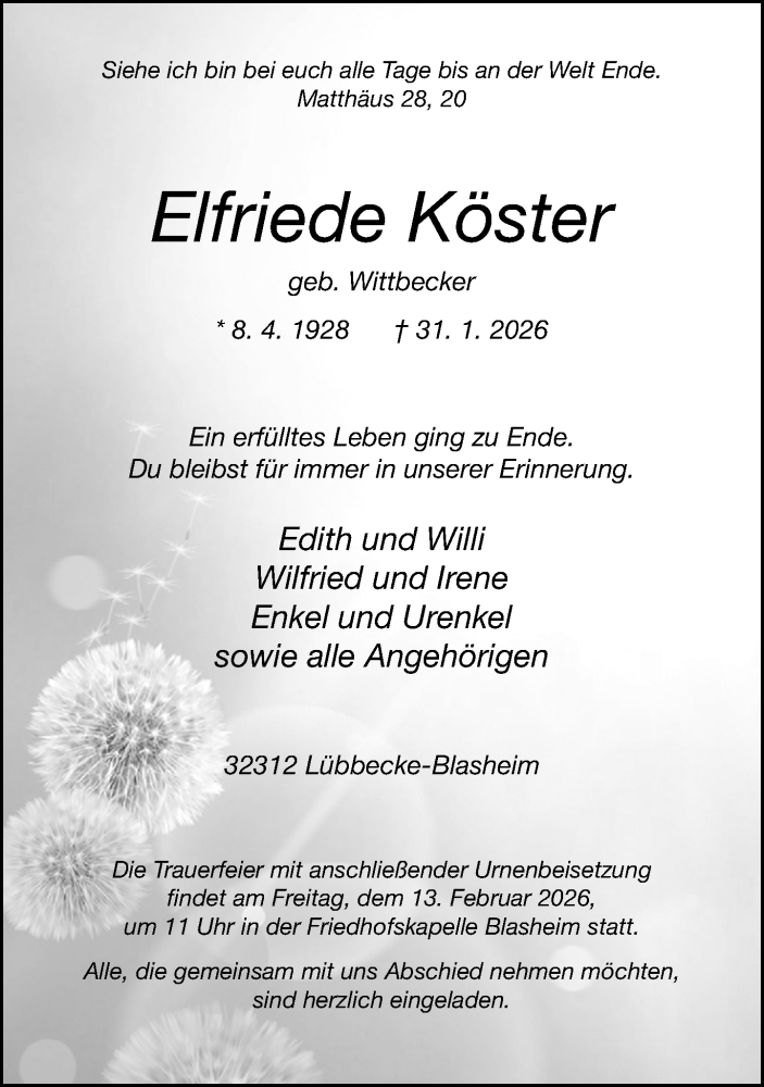  Traueranzeige für Elfriede Köster vom 06.02.2026 aus Neue Westfälische und Westfalen-Blatt