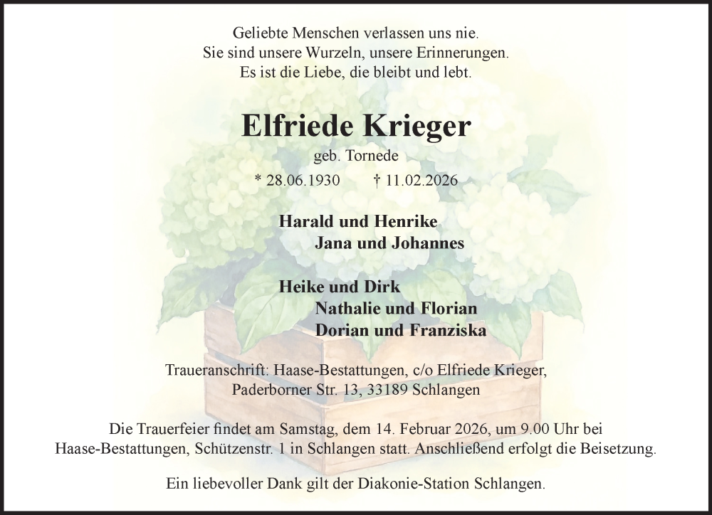  Traueranzeige für Elfriede Krieger vom 14.02.2026 aus Neue Westfälische und Westfalen-Blatt
