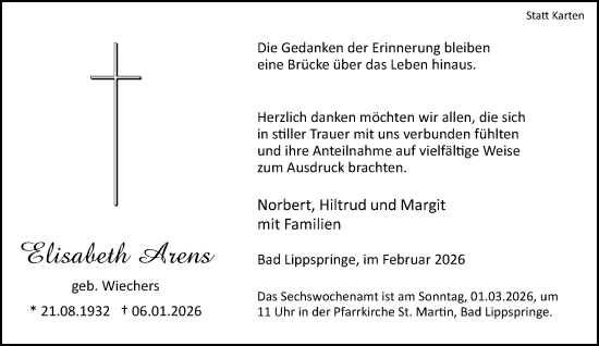 Traueranzeige von Elisabeth Arens von Neue Westfälische und Westfalen-Blatt