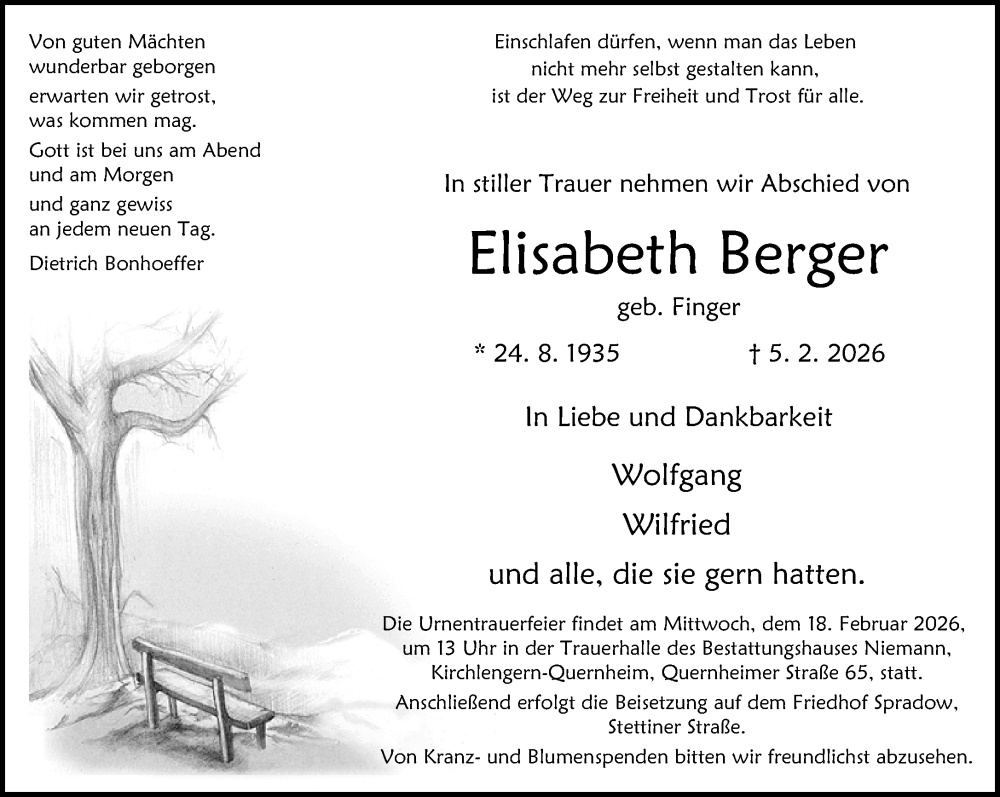  Traueranzeige für Elisabeth Berger vom 11.02.2026 aus Neue Westfälische und Westfalen-Blatt