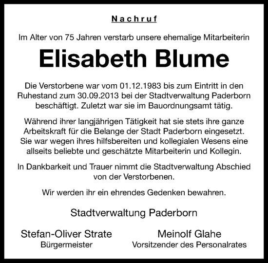 Traueranzeige von Elisabeth Blume von Neue Westfälische und Westfalen-Blatt